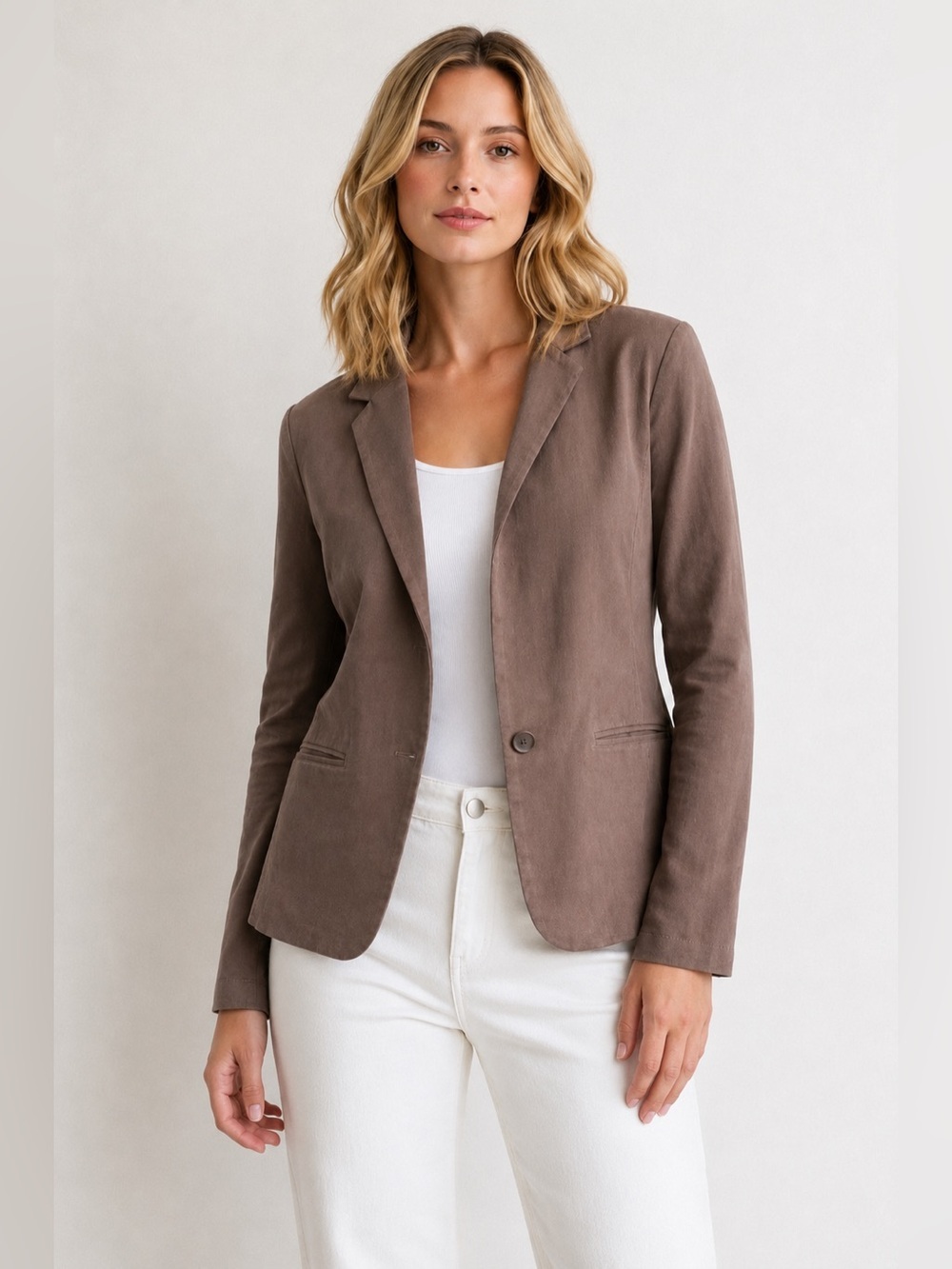 French Girl Coastal Grandmother Taupe Stretch Blazer M L